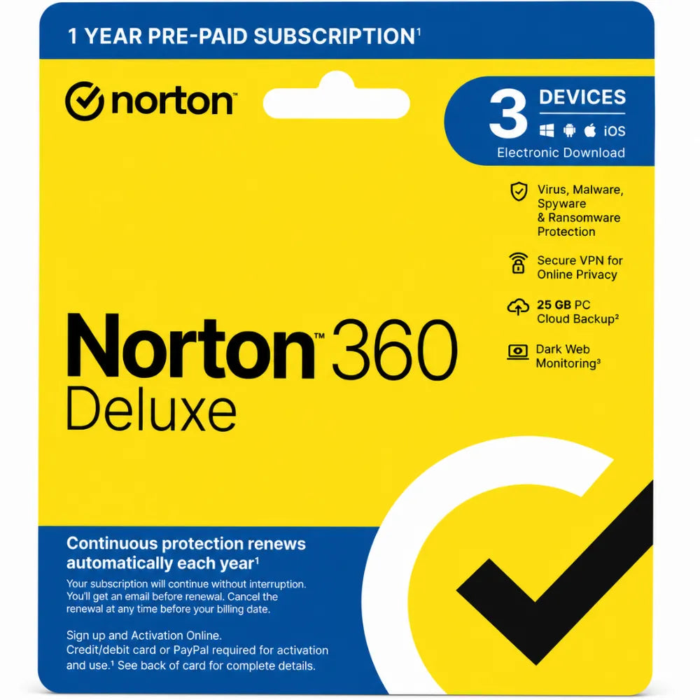 Norton 360 Deluxe 25GB 1 Year 3 Devices Antivirus Spyware Malware