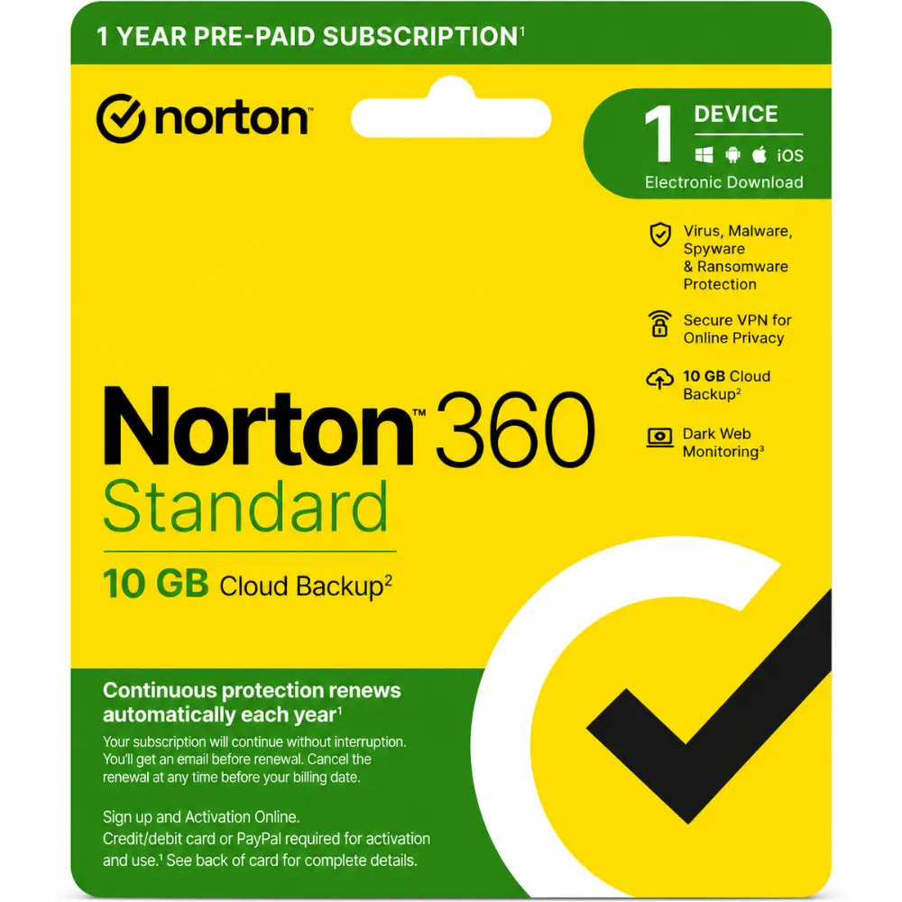 Norton 360 Standard 1 Year 1 Device 10GB Cloud Malware Antivirus