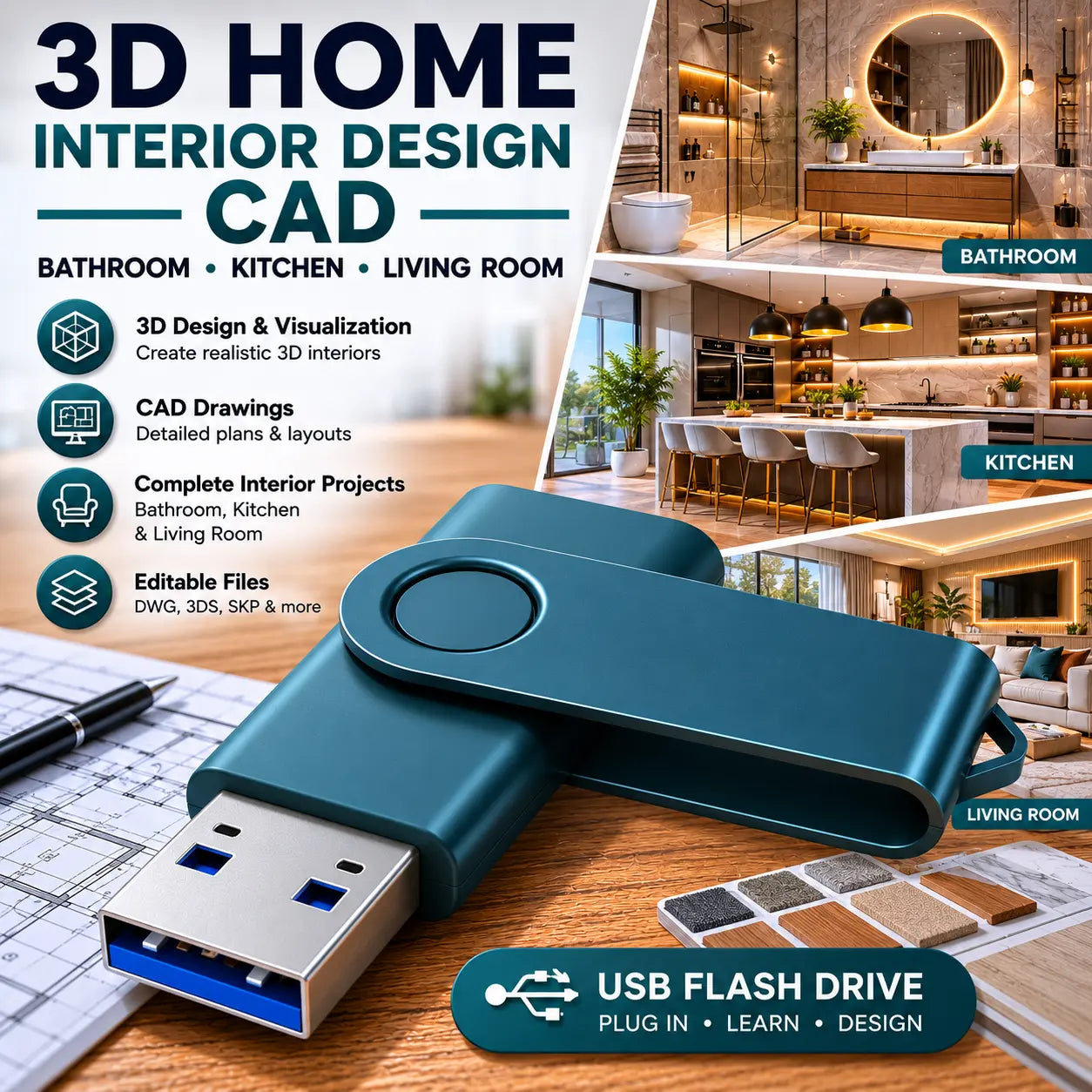 3D Home Interior Deisgn CAD Bathroom Kitchen Living Room Software on USB