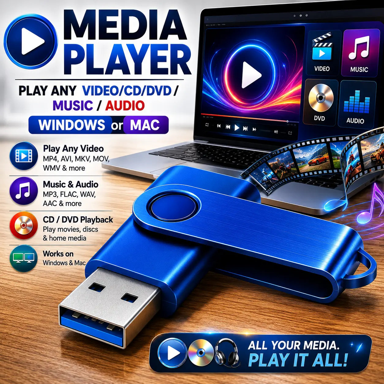 Media Player Play Any Video Files for WINDOWS or MAC on USB