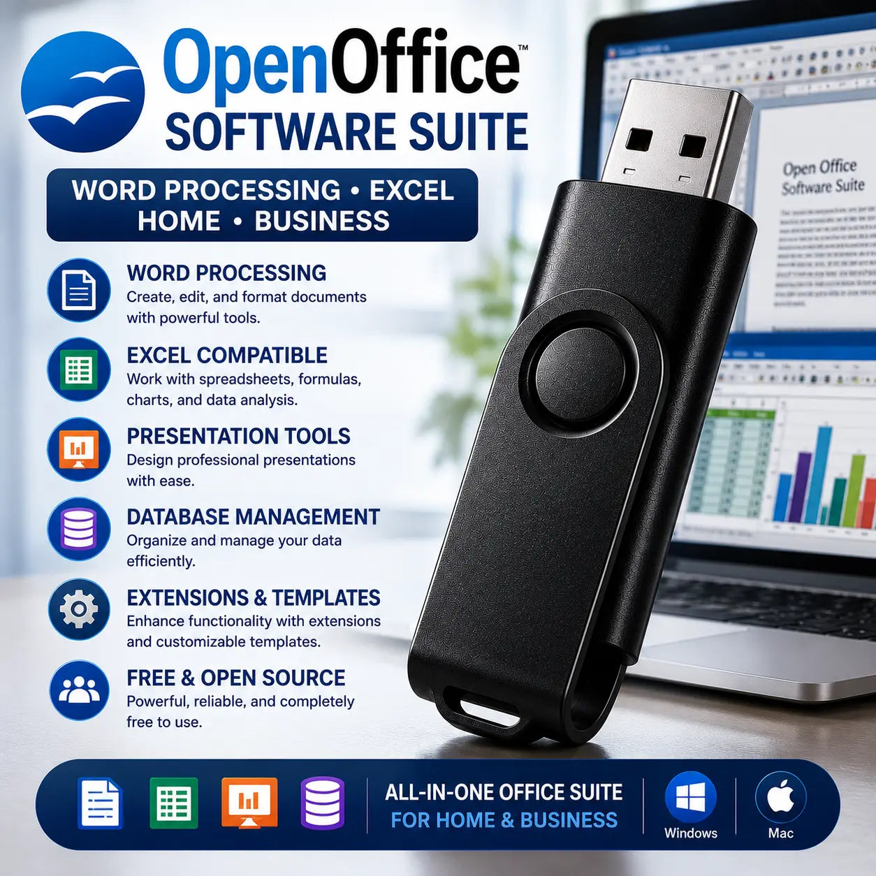 Open Office Software Suite - Word Processing Excel Home Business USB